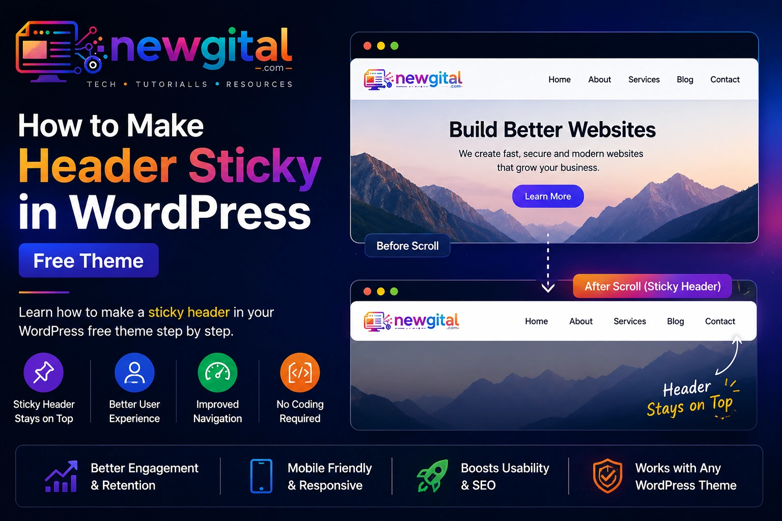 How to make header sticky in Astra theme free version in WordPress? newgital sticky header